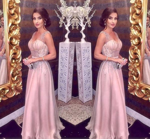 

Blush Pink Evening Dresses 2018 A Line Spaghetti V Neck Major Beading Long Chiffon Prom Party Dresses Red Carpet Girls Pageant Gowns Cheap