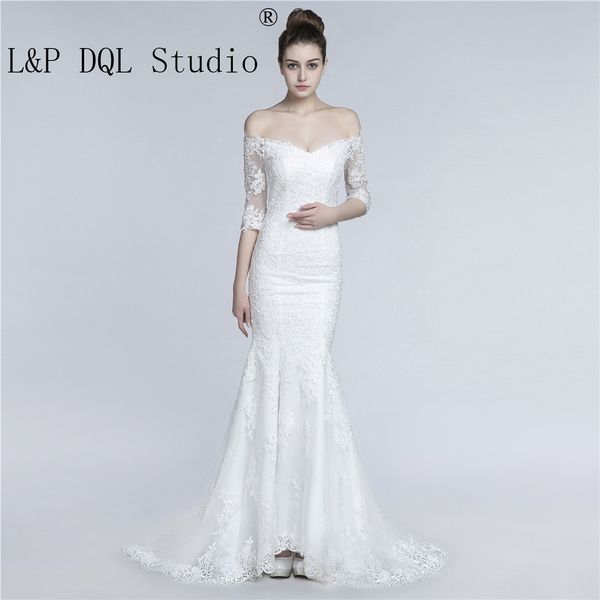 

ivory lace mermaid wedding dresses off the shoulder half sleeves sheer with applique 2018 new arrival beach wedding dress, White