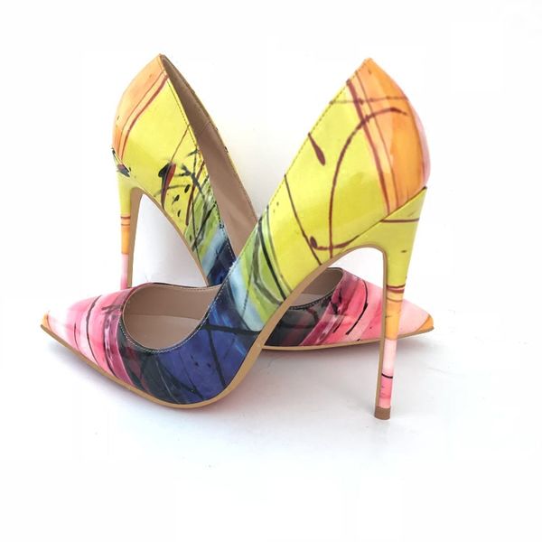 

casual designer lady fashion women shoes graffiti print pointy toe stiletto stripper high heels prom evening pumps large size 44 12cm, Black
