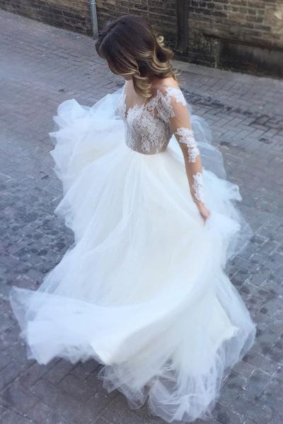 

see through long sleeve wedding dress backless new princess lace bridal gown castle a line tulle custom made white ivory beautiful
