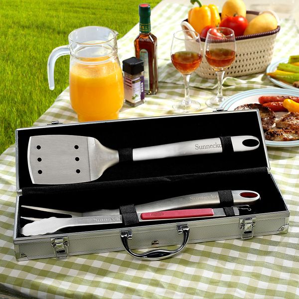 

sunnecko 4pcs barbeque grilling tool set aluminum storage case stainless steel tongs spatula fork bbq camping accessories tools