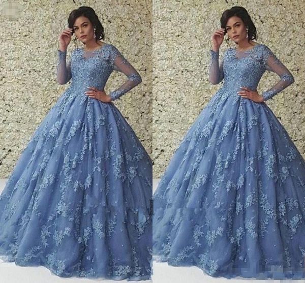 

blue illusion длинные рукава платья quinceanera бальное платье длина пола прозрачная шея кружева аппликации тюль девушки пром платья формаль, Blue;red