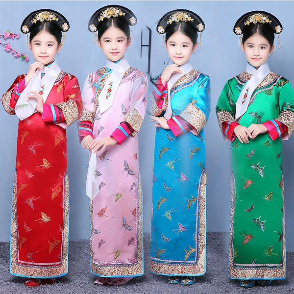 

girl's qing dynasty dramaturgic dress chinese traditional kids ancient infanta costume lovely girls dande wear cosplay, Black;red