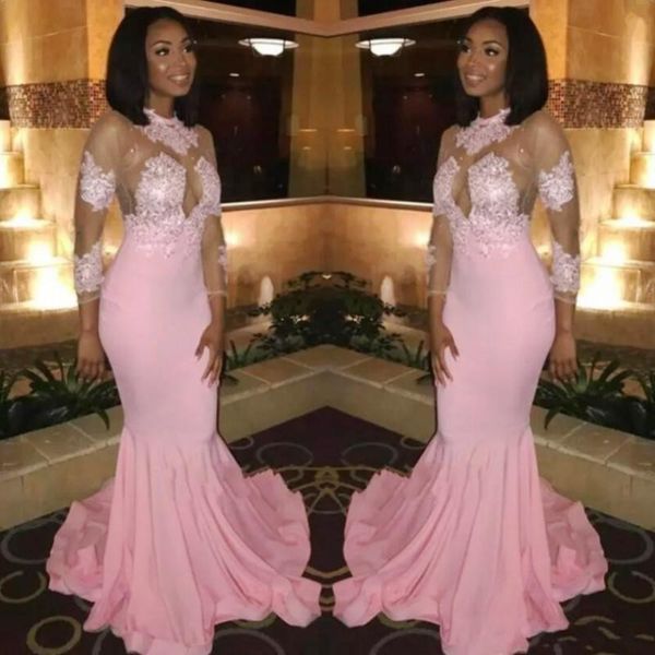 

Saudi Arabic Long Sleeves Prom Dresses Sexy Jewel Sheer Neck Lace Appliqued Mermaid Evening Gowns Illusion Bodice Black Girls Party Gowns