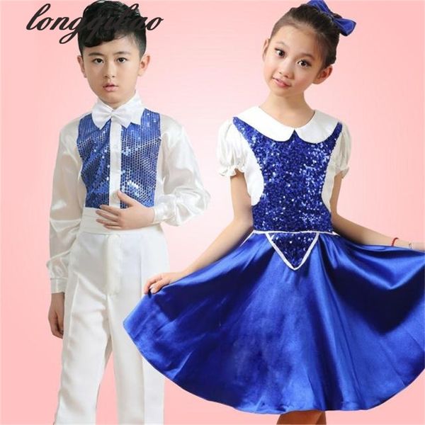 

primary and secondary school students chorus sequins costumes boys and girls children performance costumes tb7009, Black;red