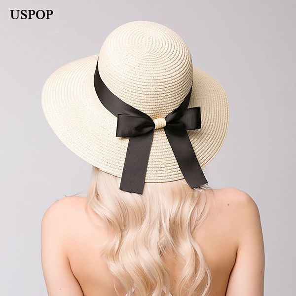 

uspop 2018 new fashion women straw sun hat female wide brim bowknot ribbon straw bucket hats casual summer shade beach hat, Blue;gray