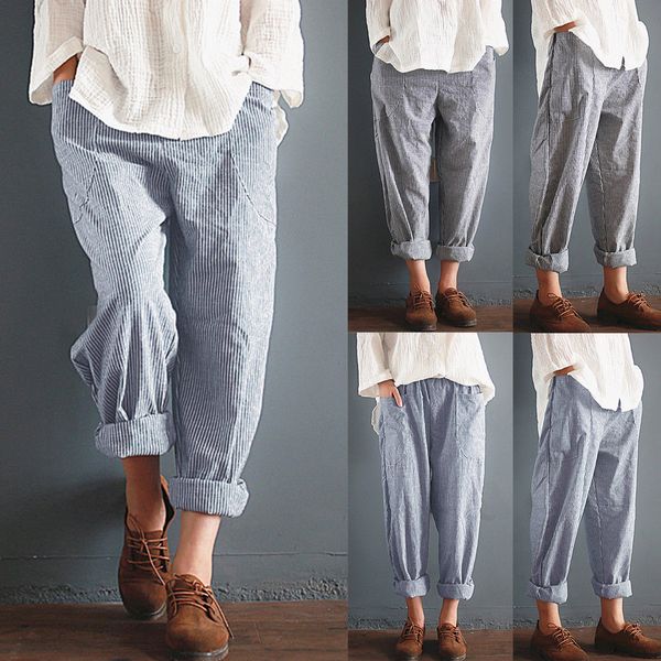 

2018 newly summer casual women pants plus size loose pants 2 style elastic waist striped long harem size s-5xl, Black;white
