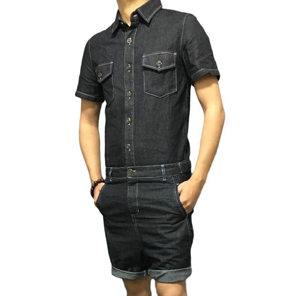 

mens fashion skull printed denim jumpsuit summer single breasted rompers short pants boyfriend one-piece party suits overalls, Gray