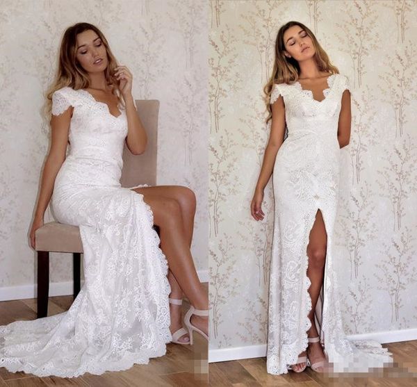 

Split Summer Beach Wedding Dresses 2018 Cap Sleeve V-neck Full Lace Mermaid Seaside Country Informal Bridal Wedding Dress Cheap