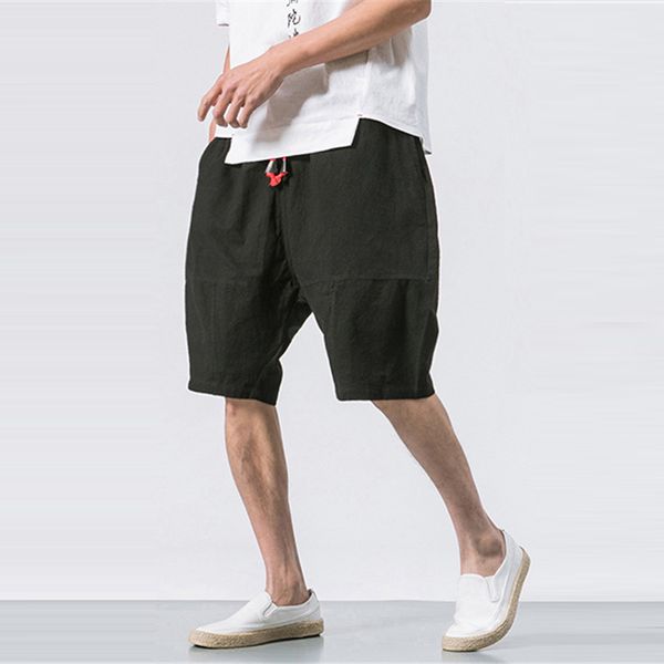 

2018 summer men shorts casual cotton linen loose fitness joggers bermuda fashion patchwork knee length baggy drawstring hombre, White;black