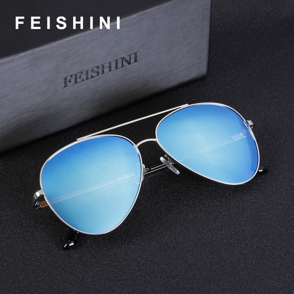 

feishini classic feminino fashion reflective uv glare colored aviation women black sunglasses men polarized uv400, White;black