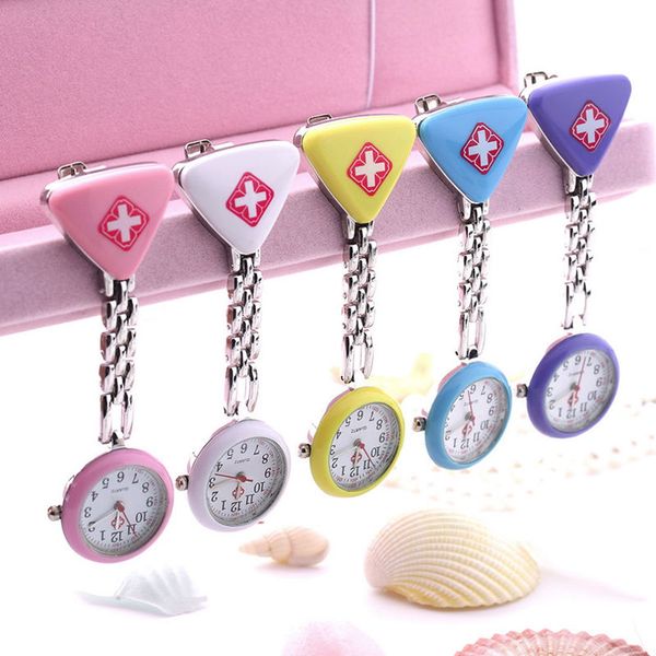 

shellhard 1pc women lady triangle nurse watch 7 colors clip on quartz red cross brooch nurse doctor fob pocket watch, Slivery;golden