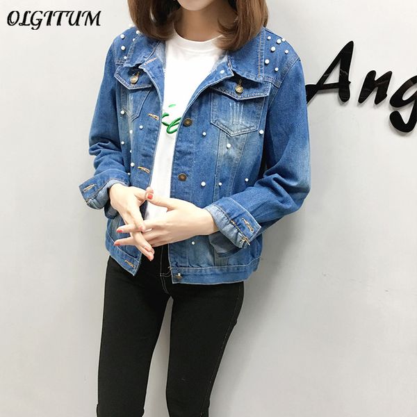 

2018 fashion autumn clothes beading pearl outerwear jackets slim coat plus size short distressed denim jacket women jean jacket, Black;brown