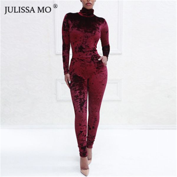 

julissamo 2018 new long sleeve women velvet jumpsuit turtleneck pocket skinny casual rompers womens jumpsuit party overalls, Black;white