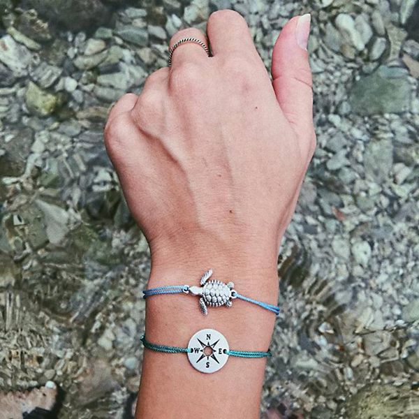 

vintage engraved hollow leather turtle compass letter weave multilayer bracelet set exquisite 2 pcs/ set, Black