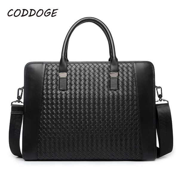 

coddoge genuine leather briefcase 14'' laphandbag men shoulder messenger weave cowhide crossbody large capacity travel bags
