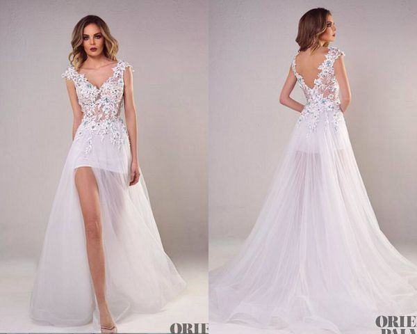 

tony chaaya white evening dresses v neck lace applique backless side split prom dress evening sweep train plus size formal dress party, Black