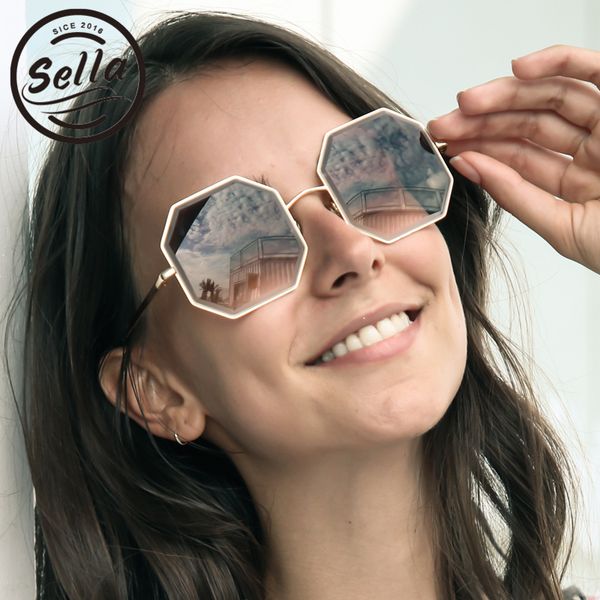

sella 2018 new fashion style women oversized octagonal trimming gradient lens sunglasses brand designer square summer eyewear, White;black