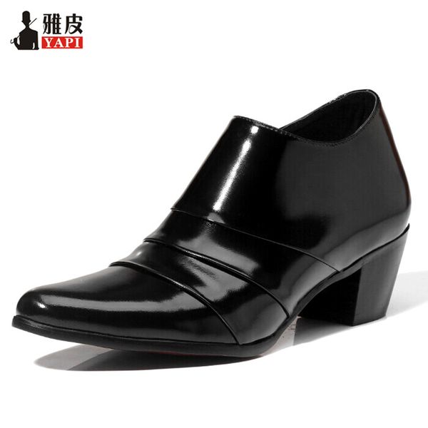 

mens genuine leather height increasing shoes pointed toe designer shoes high heel oxfords men wedding, Black