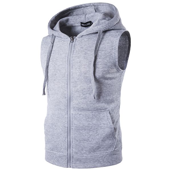 

men's fleece men's fashion fleece plain fit hooded sleeveless front zipper hoody solid vest hoodies, Black