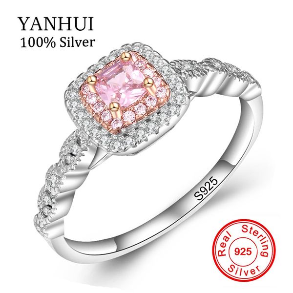 

whole saleyanhui fine jewelry royal princess original solid 925 silver rings set pink gem stone cz band wedding rings for women gift jz201, Golden;silver