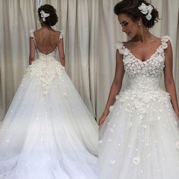 

princess 3d flowers wedding dresses a line v neck sleeveless little flower backless tulle bridal gowns with sweep train, White