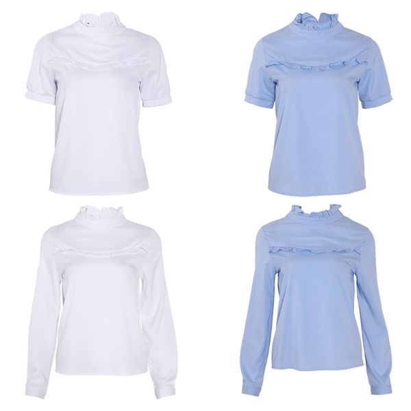 

new women blouse casual stand long sleeve work sliod women's shirts, White