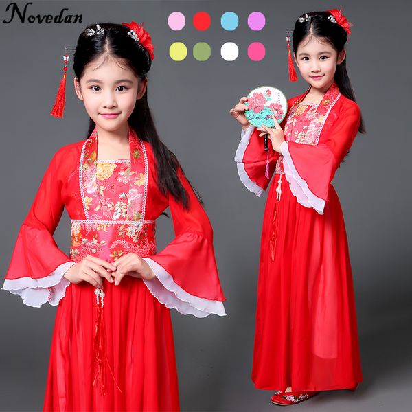 

ancient chinese costume kids child seven fairy hanfu dress clothing folk dance performance chinese traditional dress for girls, Black;red