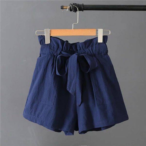 

2017 spring summer women's turn-up straight bow bow tie decoration short pants casual loose women cotton linen shorts 3 colors, White;black