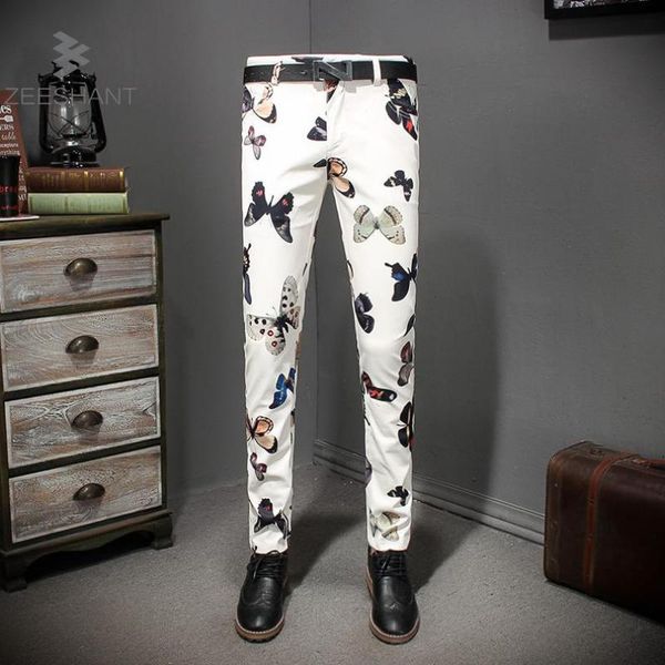 

zeeshant butterfly print dress pants size 29-38 2017 fashion men slim fit black suit party club pants costume pantalon homme, White;black