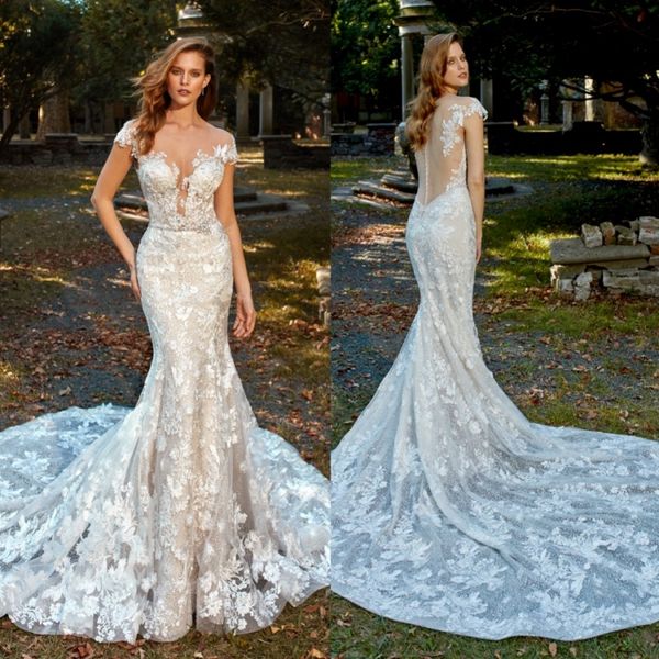 

eve of milady mermaid 2019 wedding dresses sheer neck cap sleeve wedding dress lace appliqued beaded bridal gowns with buttons, White