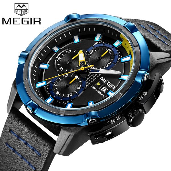 

megir chronograph quartz watches men fashion sports watch waterproof leather wrist watch male date clock male relogio masculino, Slivery;brown