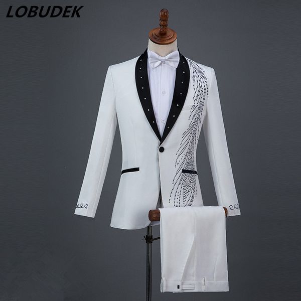 Trajes formales para hombres Blue Black Crystals Blazers musical Vocal Concierto cantante Chorus performance Traje Wedding Master Prom Compere traje de escenario