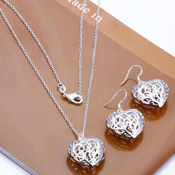 

heart hollow jewelry sets with earrings and necklace, Silver