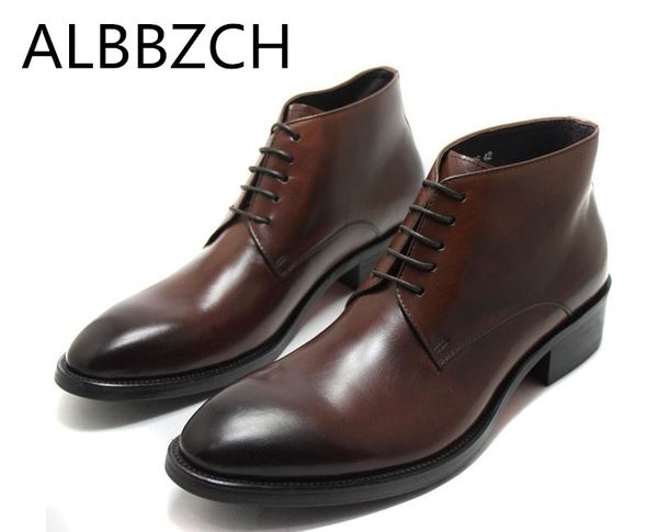 

genuine leather men boots business dress work boots round toe lace fashion trend england style mens ankle botas 38 44 us10, Black