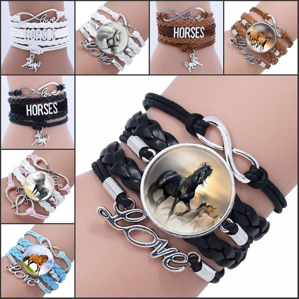 

новая мода античный серебряный бесконечности сплава манжеты шарм кожаный браслет браслет с лошадью для женщин дети многослойные любовь брасл, Golden;silver