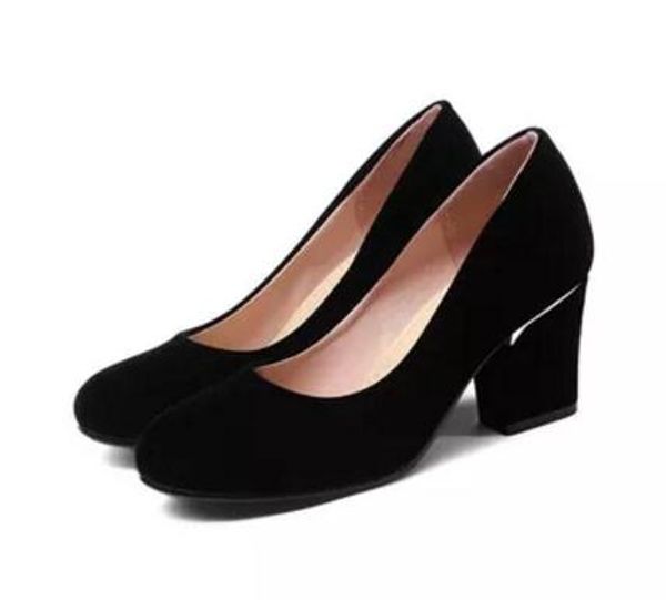 

send 2018 fashion new style coarse heel low help four quarter single shoes high heel round head shoes, Black