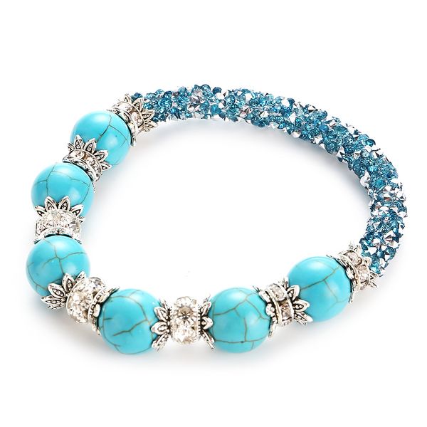 

turquoises beaded strands women bracelet natural stone alloy flower decoration shiny charm bracelets bangle fashion jewelry gift, Black