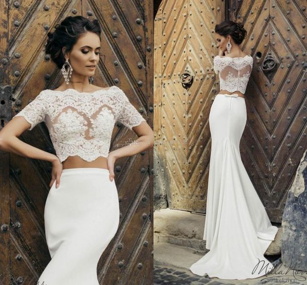 

2019 Chic Crop Top Mermaid Wedding Dresses Illusion Bodice Short Sleeves Two Piece Wedding Dresses Satin Vintage Bridal Dresses With Jacket
