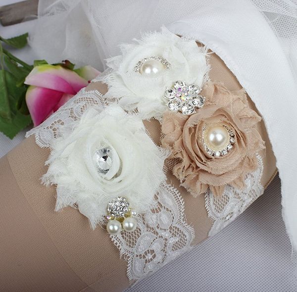 Champagne nupcial liga Garters Chiffon Handmade flores Prom Garter nupcial do casamento Garter Belt 2 peças set rendas strass em estoque barato