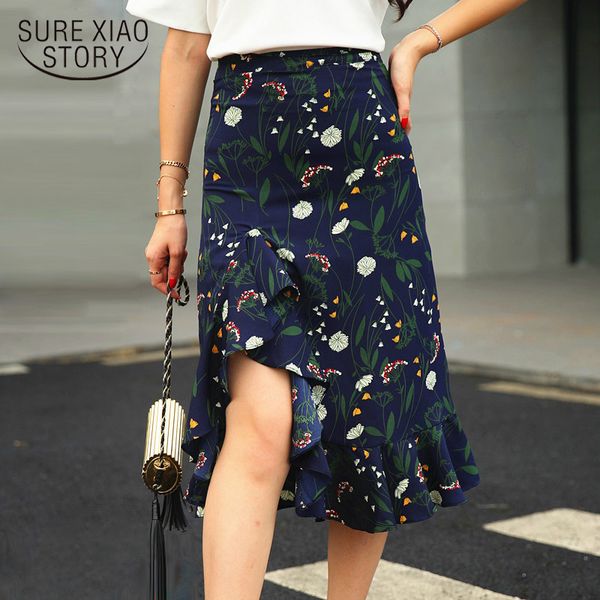 

new fashion women skirts 2018 high waist irregular flower print chiffon skirt ruffle sexy split mid-length summer skirt 0716 40, Black