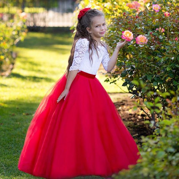 Rot-weiße Prinzessin-Blumenmädchenkleider mit Bateau-Ausschnitt und halben Ärmeln, Spitze, Tüll, bodenlang, für Kinder, Hochzeit, Urlaub, Party