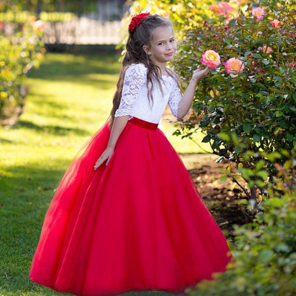 

red white princess flower girls dresses bateau neck half sleeves lace tulle floor length children wedding holiday party dresses, White;blue