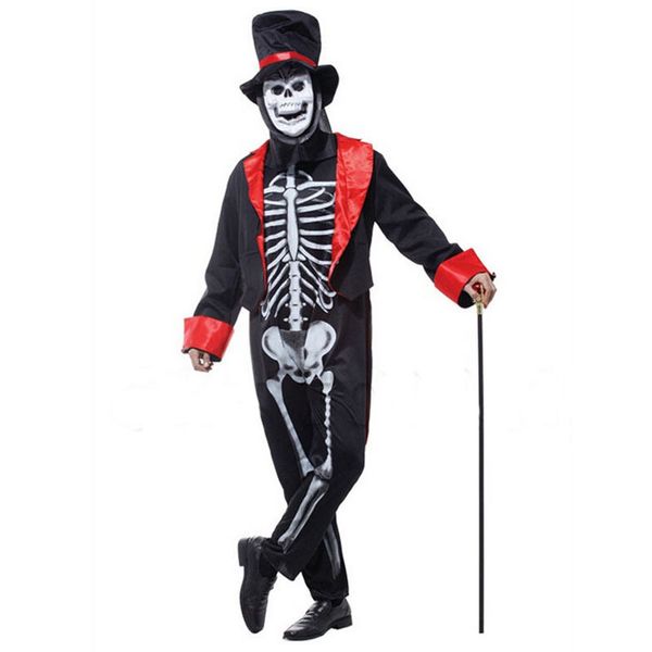 

halloween carnival party costume man scary skull skeleton monster demon costumes jumpsuit with hat mask for men m-0073, Black;red