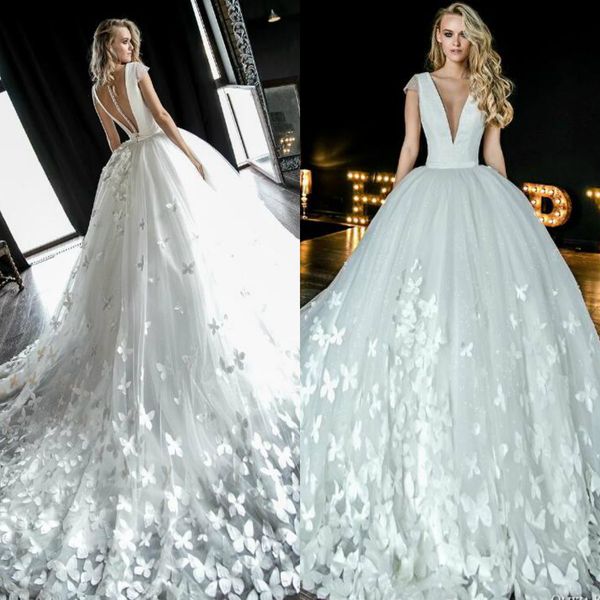 

Olivia Bottega 2019 Wedding Dresses V Neck Cap Sleeve Romantic Butterfly Appliques Tulle Bridal Gowns With Sheer Buttons Back Wedding Dress