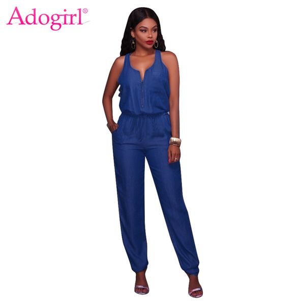 

adogirl 2017 fashion tank wide leg jeans jumpsuits for women zipper o neck sleeveless slim casual denim rompers combinaison, Black;white