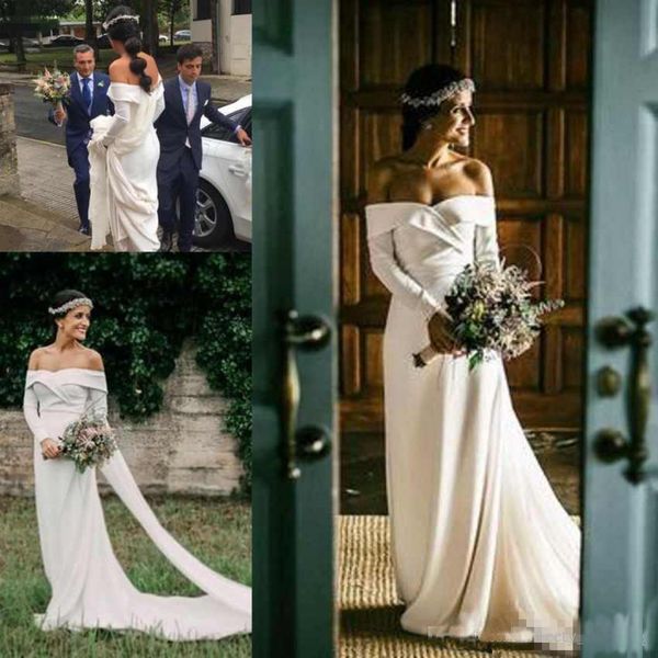 

Vintage Bohemian Wedding Dresses with Long Sleeve 2019 Modest Off Shoulder Simple Stain Greek Dresses Goddess Country Garden Bridal Dress