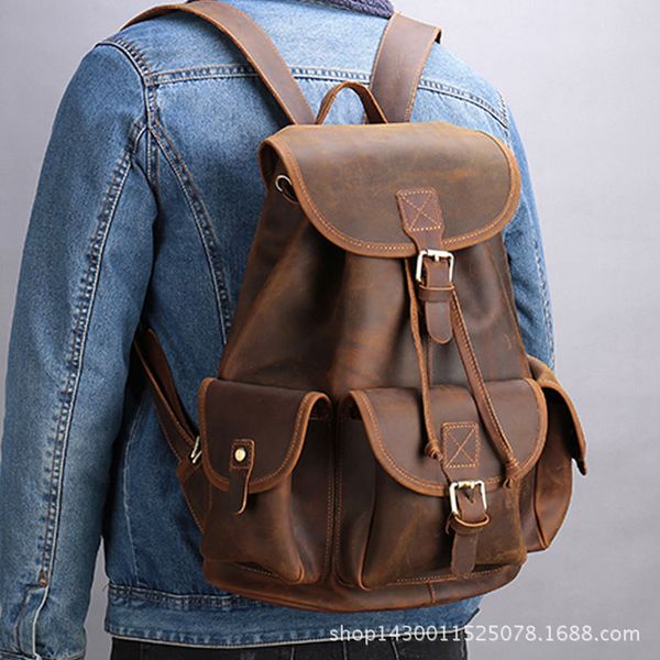 

first layer knapsack male computer bag school bags vintage genuine leather rucksack men backpack