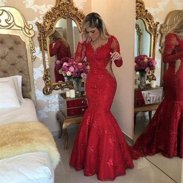 

2018 red deep v neck mermaid evening dresses long illusion sleeves pearls lace prom dresses formal party evening gowns custom, Black;red