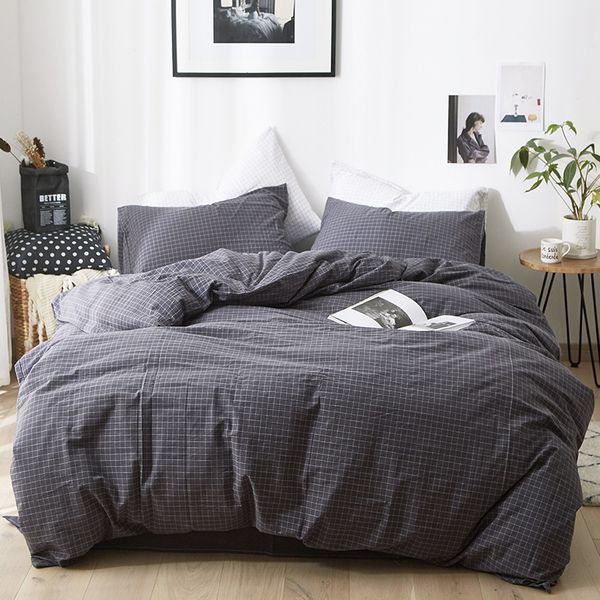 3 Grey Plaid Bedding Set 100 Washed Cotton Bed Linen Single